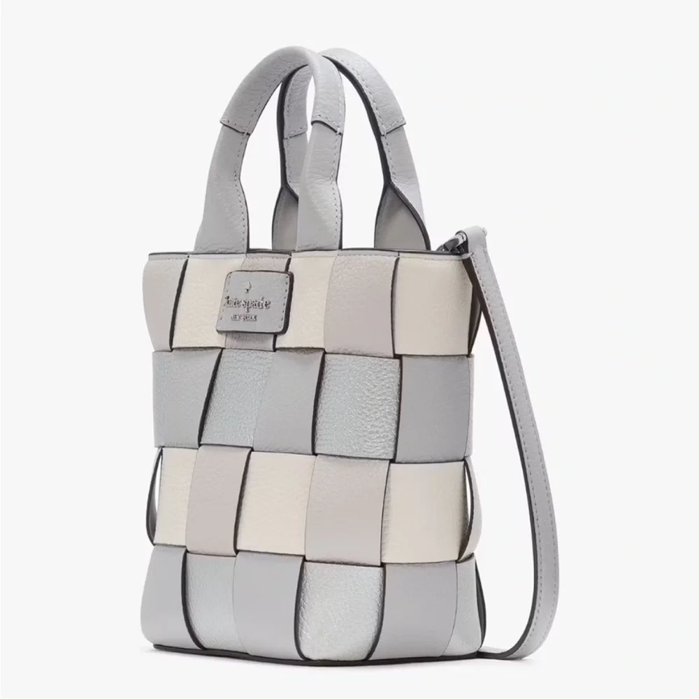 NWT Kate Spade Basket Woven Leather Metallic Mini Tote Crossbody Platinum Grey